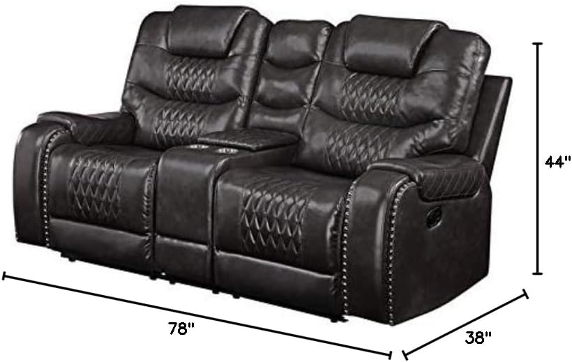 BOWERY HILL Contemporary Loveseat with Console, Magnetite PU Upholstery, 78" L x 38" D x 44" H, Diamond Tufted Cushions, Pillow Top Armrests, Reclining Motion, Storage Console with Cup Holders for