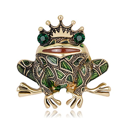 Vintage Big Metal Rhinestone Frog Brooch Enamel Green Crown Frog Brooch Pin Jewelry
