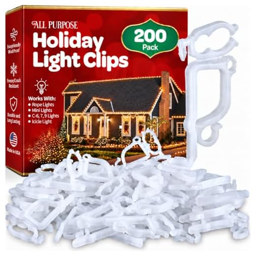 All-Purpose Holiday Light Clips [Set of 200] Christmas Light Clips, Outdoor Light Clips - Mount to shingles & gutters - Works with Mini, C6, C7, C9, Rope, Icicle Lights - No tools required - USA Made