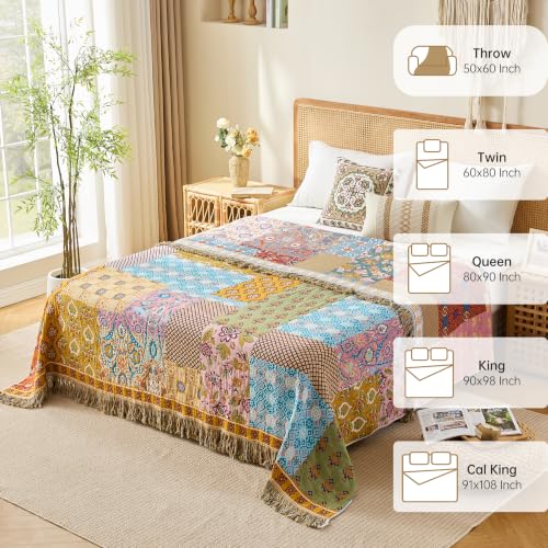Image of VANJOROY King Boho Throw Blanket, 100% Organic Cotton Breathable Skin-Friendly Ultra Soft 91 inch x 98 inch Bed Quilt Patchwork Throw - Floral Rustic Luxury Reversible Blanket for Sofa Couch Chair and Gift
