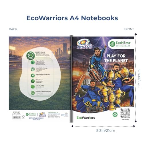 Image of Eco Warriors Mumbai Indian Series A4 Notebooks 72 Pages 100% Recyclable Eco Friendly for Students Colleges & Daily Study Use Pack Of 12 (Design may Vary)