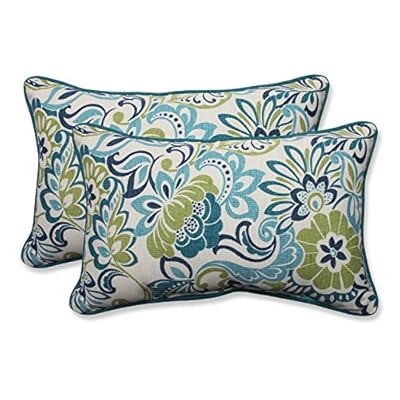 Pillow Perfect Floral Indoor/Outdoor Accent Throw Pillow Plush Fill, Weather, and Fade Resistant, Lumbar - 11.5" x 18.5", Blue/Green Zoe 2 Count