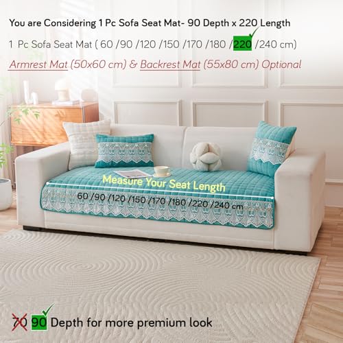 Image of HOKIPO 'BelleLace Series' Imperial Milk Velvet Sofa Cover Mat with Lace Design| Make Your Own Sofa Cover Set, Mat Length 90(D) x 220(L) cm, Teal (AR-5968-TEAL)