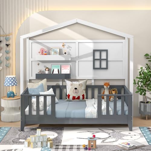 Giantextwinhousebedsolidwoodmontessoribedframewith2storageshelvesfencehouseroofwoodslatsupportlowtwinbedframeforkidsteensgirlsboysnoboxspringneededwhitegrey  Urban Country Home Decor Giantex twin house bed solid wood montessori bed frame with 2 storage shelves fence house roof wood slat support low twin bed frame for kids teens girls boys no box spring needed white grey  urban country home decor