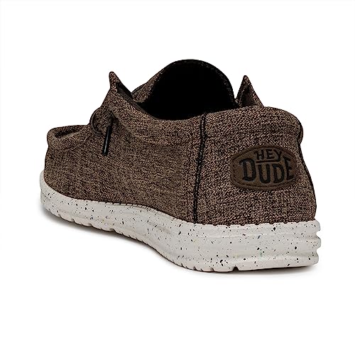 Image of HEYDUDE Men's Wally Blend Linen Slip On Loafer, Linen Dark Brown Size 12 | Lightweight Casual Shoe with Easy On Elastic Laces