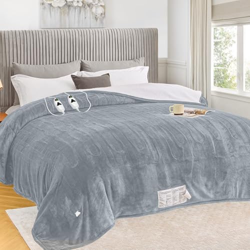 greenoak Heated Blanket Electric King Size 100X90 Dual Control Heating Blanket 10 Heat Levels 1/2/4/6/8 Hours Auto-Off Soft Sherpa Warm Blanket Dove Grey
