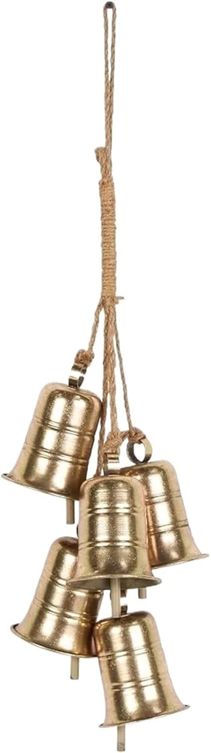 Decorative Cow Bells Metal Decorative Bells Cluster Indoor Outdoor Use Meditation Cow Bell with Jute Hanging Rope Traditional Gold Accent 8x8x26