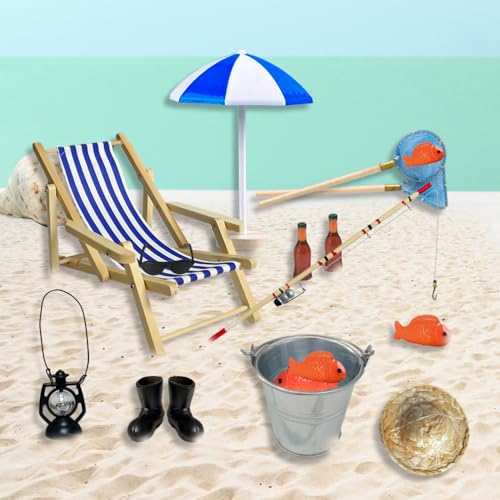 Golgner 17 Stück Puppenhaus Zubehör Miniatur Angelrute Set, Miniatur Wichtel Zubehör, Miniatur Deko, mit Angelrute Angelstuhl Fischernetz Strohhut, für Puppenhaus Dekoration