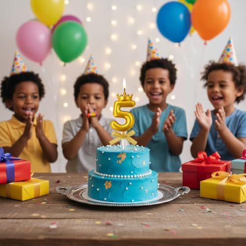Image of Rozi Decoration Number 5 Birthday Candle for Cake with Crown Design | Gold Metallic Number Candle with Stick | Fifth Birthday Cake Topper for Baby, Kids and Party Celebration