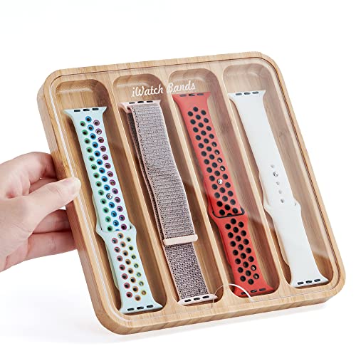 AFOOYO Organizador de bracelete de relógio de madeira, funciona com todas as braceletes do Apple Watch, bandeja de armazenamento para relógios com tampa superior acrílica