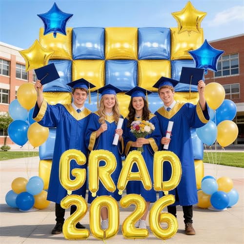 2026 Graduation Decorations Blue Gold,Square Foil Balloon Backdrop Wall and 2026 GRAD Balloon Banner for College High School Class of 2026 Party Decorations by Adorely - Used condition - Image 3