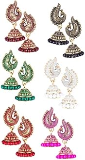 MEENAZ Peacock Jhumkas Jhumka jhumki Earrings Combo set Ear rings For Women girls Ladies Traditional Wedding Temple Gold Meenakari Ethnic Antique South Indian Round Pearl Moti Feather jhumki combo M05