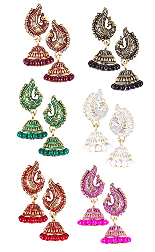 MEENAZ Peacock Jhumkas Jhumka jhumki Earrings Combo set Ear rings For Women girls Ladies Traditional Wedding Temple Gold Meenakari Ethnic Antique South Indian Round Pearl Moti Feather jhumki combo M05