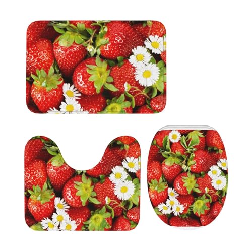 トイレマット イチゴ柄 いちご 苺 3点セット 足元マット 便座カバー マットフタカバー U型 O型 トイレ兼用 滑り止め おしゃれ バスマット 洗える 浴室 玄関 家庭用 ホテル用
