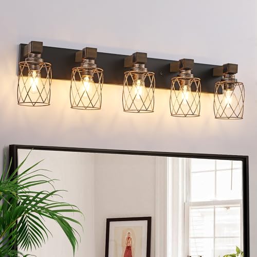 Image of 5-Light Black Gold Farmhouse Vanity Light, Wood & Metal Cage Shade | Mounted Over Mirror, Industrial Rustic Style, Ideal for Bathroom, Bedroom, Hallway & Living Room, Easy To Install