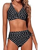 Aqua Eve Women High Waisted Bikini Twist Front Swimsuits Lace up Bikini Tops Ruched Push up 2 Piece Bathing Suits Black Polka Dot M