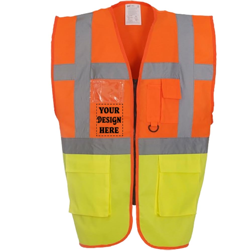 D&T Personalised Hi-Vis Reflective Vest with Zipper and Pockets – High Visibility Safety Waistcoat – Unisex Polyester Workwear (UK, Alpha, S, Regular, Regular, Hi Vis Orange/Hi Vis Yellow)