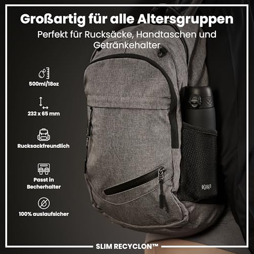 ion8 Trinkflasche, 500 ml, Auslaufsicher, Einhandöffnung, Sichere Verriegelung, Spülmaschinenfest, BPA-frei, Tragegriff, Klappdeckel, Leicht zu Reinigen, Klimaneutral, Schwarz