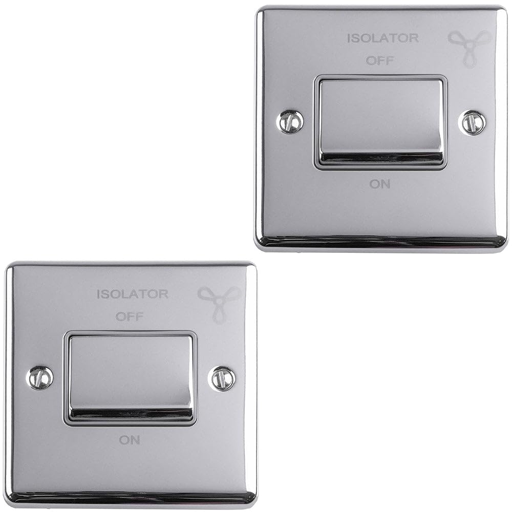 2 Pack 6A Extractor Fan Isolator Switch Polished Chrome & Grey 3 Pole Shower - 230V Bathroom Wetroom Fan Switch Wall Plate