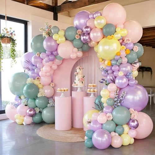 Image of Green Pink Balloon Arch Kit Double Stuffed Light Purple Lavender Yellow Pearl Balloon Garland for Wildflower Baby Shower Pastel Birthday Gender Reveal Tea Party Decorations