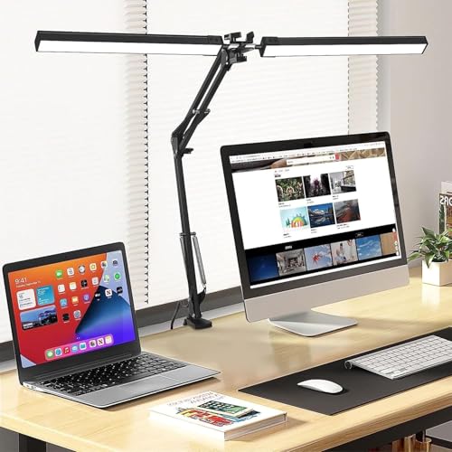 Image of NYRWANA Double Head LED Table Lamp for Study Room | Desk Lamp with Swing Arm Stand | Dimmable 3 Lighting Modes | Clamp Base Study Lamp for Reading, Work, Video Recording, Makeup & Streaming (Black)