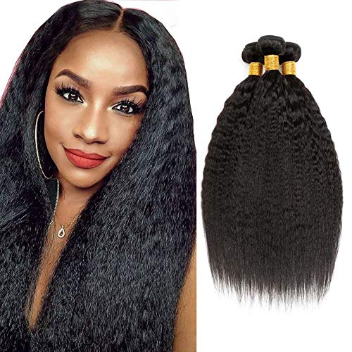 10A Kinky Straight Human Hair 3 Bundles 18 18 18 Inch Yaki Straight Human Hair Bundles 100% Unprocessed Virgin Brazilian Human Hair Weave Bundles Kinky Straight Bundles Natural Black