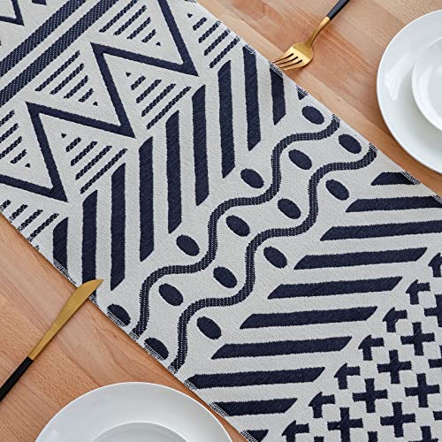 Homease Farmhouse Cotton Table Runner 86 Inches Long, Boho Rustic Home Decor For Dinning Room Dresser Wedding Party Holiday, Braided Woven Table Runner With Tassels 86"X 13", Deep Blue& Beige Stripe #TOP3