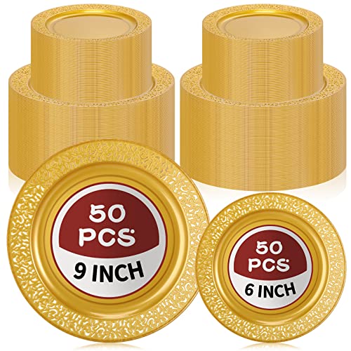 100 Pcs Brown Gold Disposable Plates Plastic Solid Gold Dinner Plates Bulk Include 50 Pcs 6 Inch And 50 Pcs 9 Inch Plates Round Lace Design Salad Dessert Plates For Weddings Party Appetizer And More #TOP18