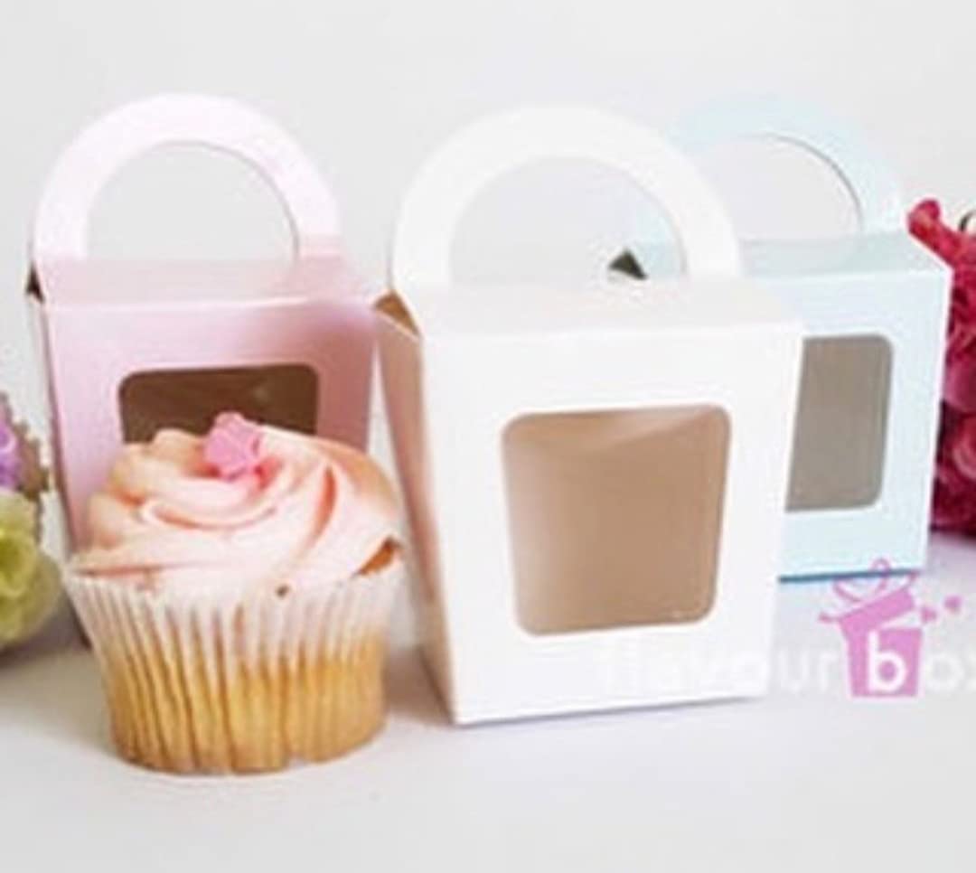 10 Pcs Clear Window Single Cupcake Boxes with Handle (Pink)