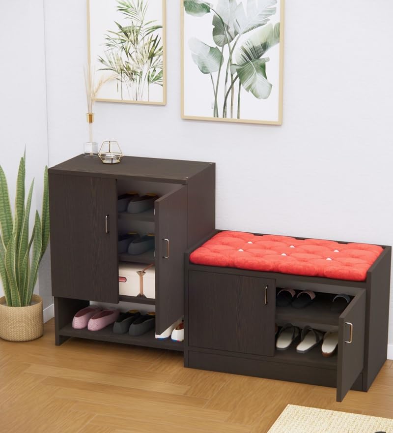 Image of SPECIALITY PANELS Shoe Rack with Cushioned Seating Bench | 2 Door Shoe Cabinet with Storage | Shoe Organizer for Entryway Home Living Room | Combo Set of 2 | DIY Assembly | Dark Brown Wood Finish