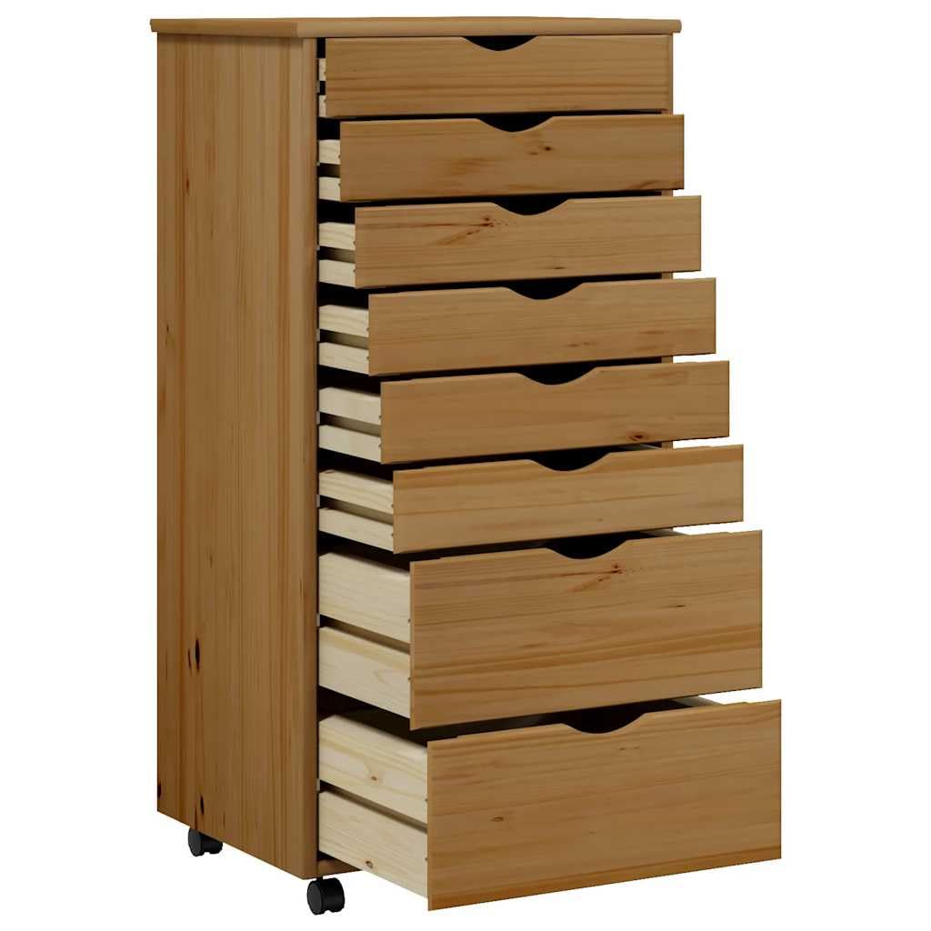 vidaXL Carrito con ruedas con cajones, color marrón miel, madera maciza de pino musgo