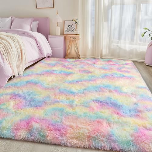 4x6 Girls Area Rugs for Bedroom, Soft Fluffy Rainbow Rug for Kids Room, Non Slip Fuzzy Colorful Plush Shag Rug for Dorm Home Decor, Modern Indoor Shaggy Floor Rugs for Living Room