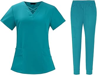 BDNXTV Scrubs for Women Set Fall Medical Uniform Stretch V-Neck Scrub Top Jogger Pant with Pockets