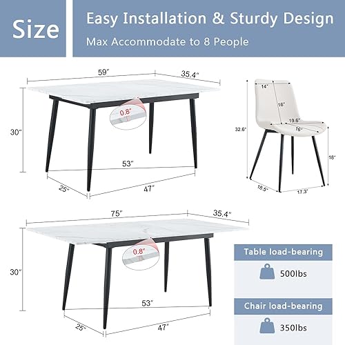Miniatura 3 de FURNITO Juego de Mesa de Comedor de 7 Piezas, Mesa de Comedor Extensible de 59"-75" con 6 Sillas Tapizadas, Juego Blanco de Mesa y Sillas de Cocina