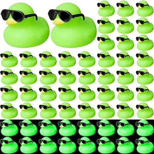 Meooeck 60 Pcs Mini Rubber Ducks with 60 Sunglasses 2.2'' Glow in The Dark Squeak Rubber Toys Bulk Bathtub Toys Floating Fluorescent Tiny Light Up Duck for Shower(Green)