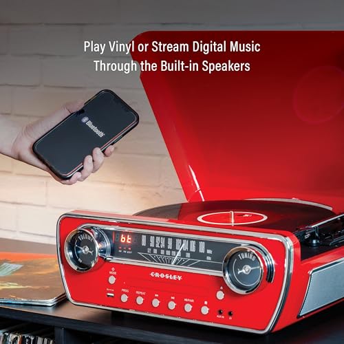 Crosley CR6047A-RE Powel 7-in-1 Bluetooth in/Out Vinyl Record Player with AM/FM Radio, CD Player, and Aux-in, Red - Les Beatles, Paul McCartney, John Lennon, RIngo Starr, George Harrison Crosley CR6047A-RE Powel 7-in-1 Bluetooth in/Out Vinyl Record Player with AM/FM Radio, CD Player, and Aux-in, Red – Image 4