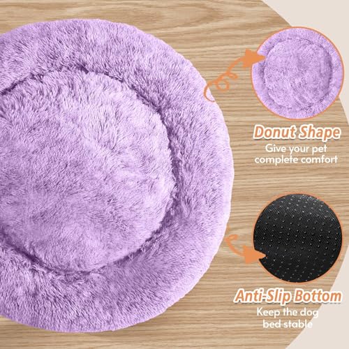 Image of JOLLYVOGUE Calming Small Dog & Cat Bed for Indoor Cats - 20 inches Washable Donut Bed for Kittens & Puppies, Anti-Anxiety Round Fluffy Plush Pet Beds (Fits up to 15 lbs, Purple)