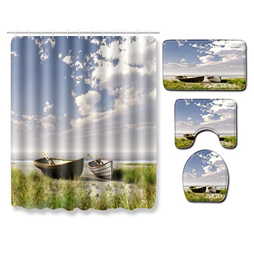 Boyouth Lot de 4 rideaux de douche avec motif bateau sur la plage - Impression numérique - Tapis de bain - Tapis de contour - Housse d'abattant de WC - Décoration de salle de bain
