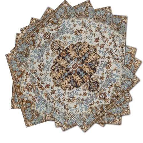Image of Ethnic Boho Placemats Set of 6 Bohemian Carpet Vintage Black Teal Grey Floral Linen Washable Kitchen Dining Table Mats Stain Heat-Resistant Desktop Decor Place Mats for Home Party Indoor 12x18 in