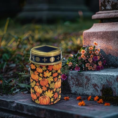 Image of Poceacles Solar Lights Outdoor Waterproof Grave Lights for Cemetery LED Flameless Candle Cemetery Solar Pillar Candles Outdoor Decor, Pumpkin Maple Leaf Orange Black, Pack of 6