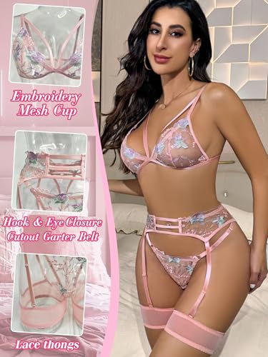 Image of popiv Women's Sexy Lingerie Set with Garter Belt Matching Bra and Panty Lingeries Sets 4 Piece