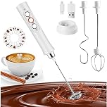 MEETOZ Milk Frother Quiet Hand held Frother Whisk, USB Recharge able 3 Speeds for Cappuccino,Lattes,Egg Mix, Matcha, Hot Chocolate, 3 Stainless Steel Whisks(16Pcs Art Stencils Free) (White)