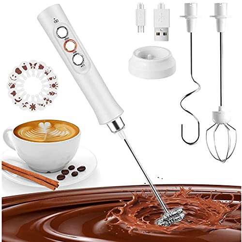 MEETOZ Milk Frother quiet Hand held Frother Whisk, USB Recharge able 3 Speeds for Cappuccino,Lattes,Egg Mix, Matcha, Hot Chocolate, 3 Stainless Steel Whisks(16Pcs Art Stencils Free) (White)