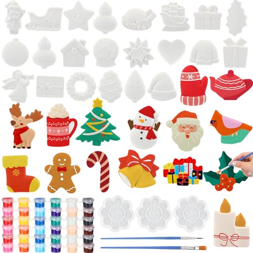 HyDren 36 Pcs Christmas Ceramic to Paint Christmas Ornaments Crafts for Paint Your Own Kit DIY Ceramics Santa Snowmen Gingerbread Men Party Favor Xmas Gifts for Adults Holiday Decor