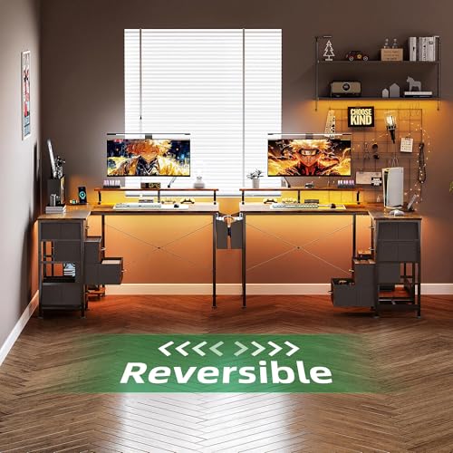 Image of VERMESS 47 inch Reversible L Shaped Gaming Computer Desk, Corner Desk with Power Outlets & Monitor Stand, Writing Study Table with 4 Storage Drawers, Desk with LED Lights, Rustic Brown