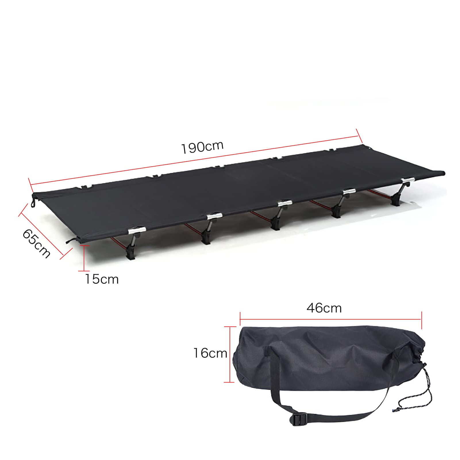 Feldbett Ultraleichtes Outdoor-Bett aus Aluminium Tragbares Feldbett Büro Pausenbett Zelten Camping Wandern Garten Belastbarkeit bis 150 kg, Schwarz
