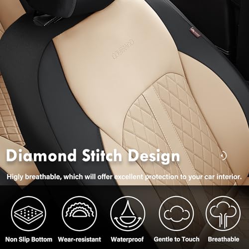 Image of Coverado Universal Leather Seat Covers Full Set for 5 Seats - Waterproof, Durable All-Weather Protector for SUV, Pickup Truck, Sedan, Black&Beige