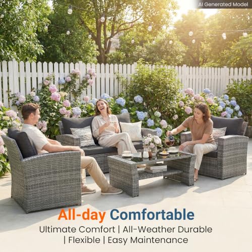 Image of Wisteria Lane Patio Furniture Set, Wicker Outside Outdoor Furniture for All Weather, Patio Sofa with High Backrest Support and Wide Armrest for Backyard, Balcony, Deck, Porch, Black