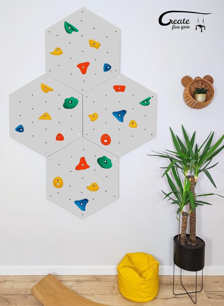 Kletterwand für Kinderzimmer - Hexagon - Weiß - Indoor - Heimklettergerüst - Spielplatz - Trainingsgeräte für Zuhause - 3X Wandpaneel 86x75 cm - mit 15 bunten Griffen/Steinen