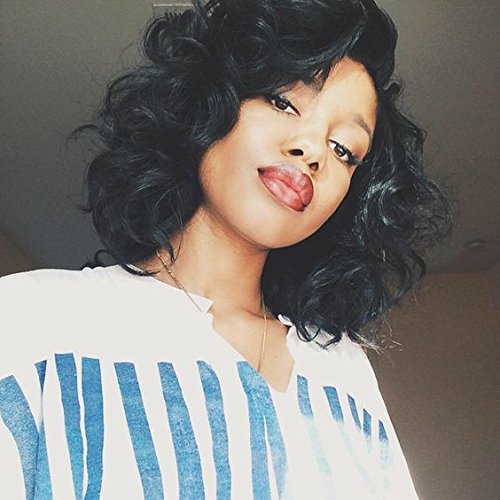 Shoulder Length Bob Curly L Part Wigs Synthetic Lace Front Wig for Black Women 12 inch 1B Color